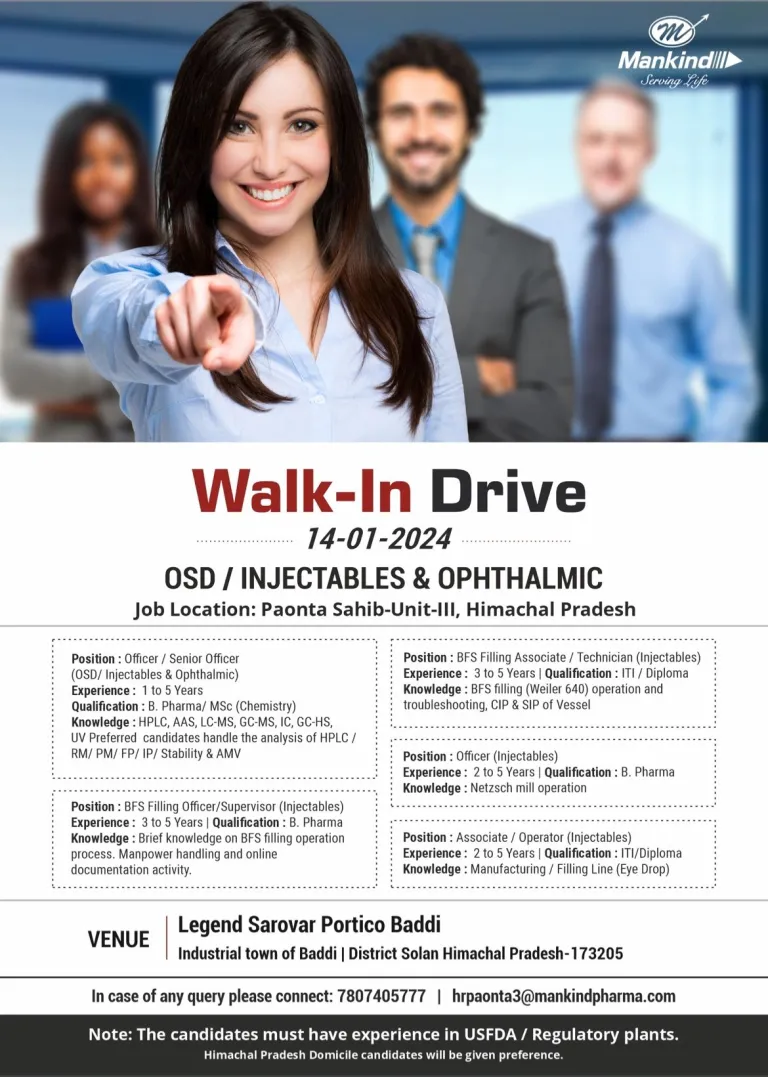 MANKIND PHARMA - Walk-In Interviews for Multiple Positions on 14th Jan 2024